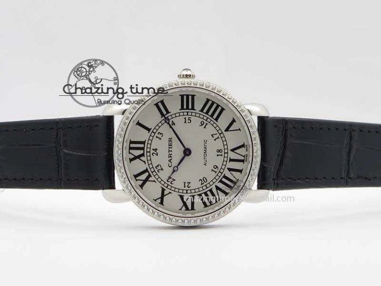 Bold Ronde Louis Cartier SS UT Best Edition White Dial Diamond Bezel On Black Leather Strap 6336