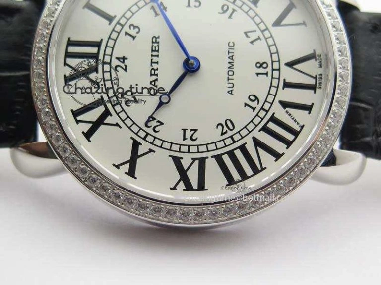 Bold Ronde Louis Cartier SS UT Best Edition White Dial Diamond Bezel On Black Leather Strap 6336