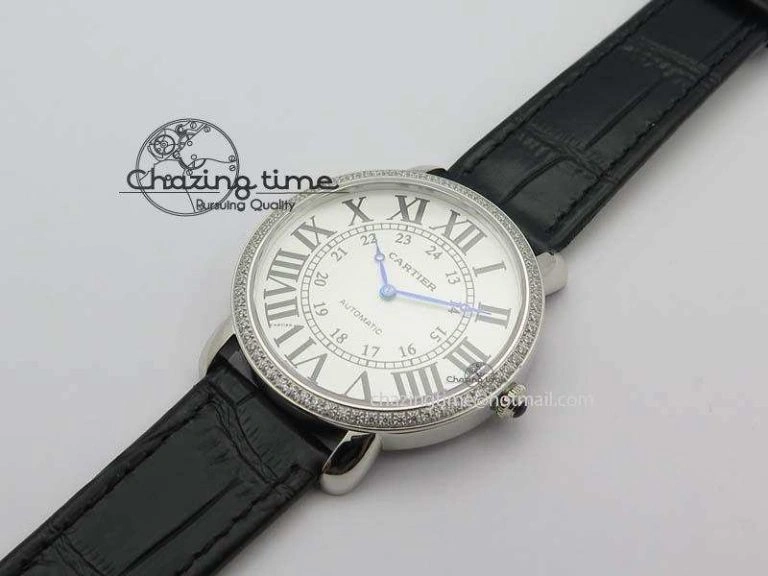 Bold Ronde Louis Cartier SS UT Best Edition White Dial Diamond Bezel On Black Leather Strap 6336