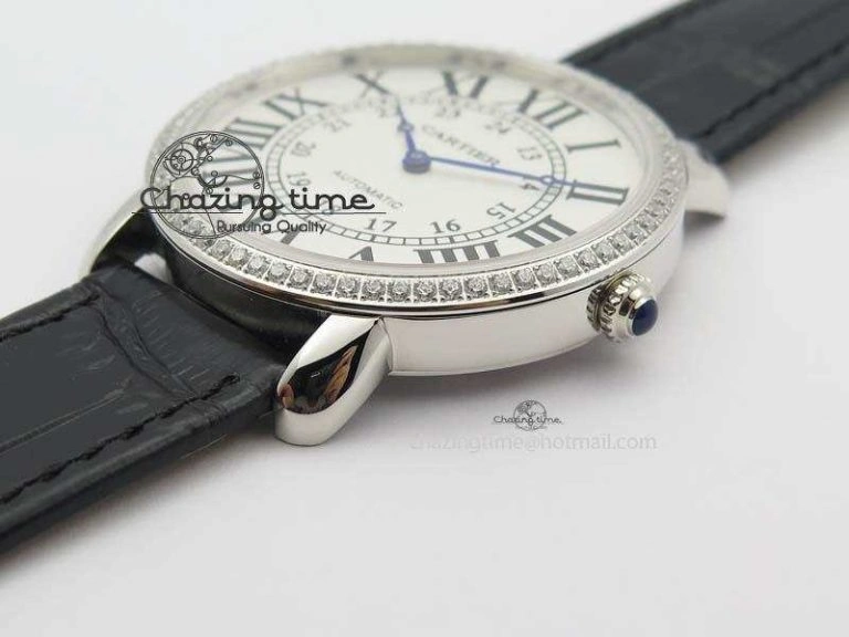 Bold Ronde Louis Cartier SS UT Best Edition White Dial Diamond Bezel On Black Leather Strap 6336