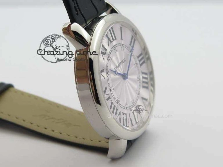 Ronde Louis Cartier SS UT Best Edition White Dial On Black Leather Strap Efficient 6338