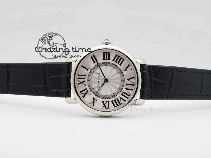 Ronde Louis Cartier SS UT Best Edition White Dial On Black Leather Strap Efficient 6338