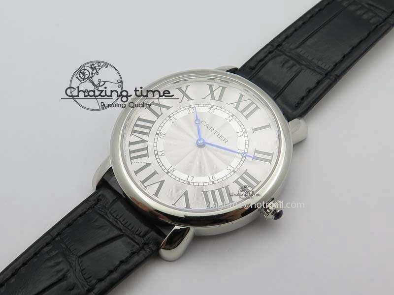 Ronde Louis Cartier SS UT Best Edition White Dial On Black Leather Strap Efficient 6338