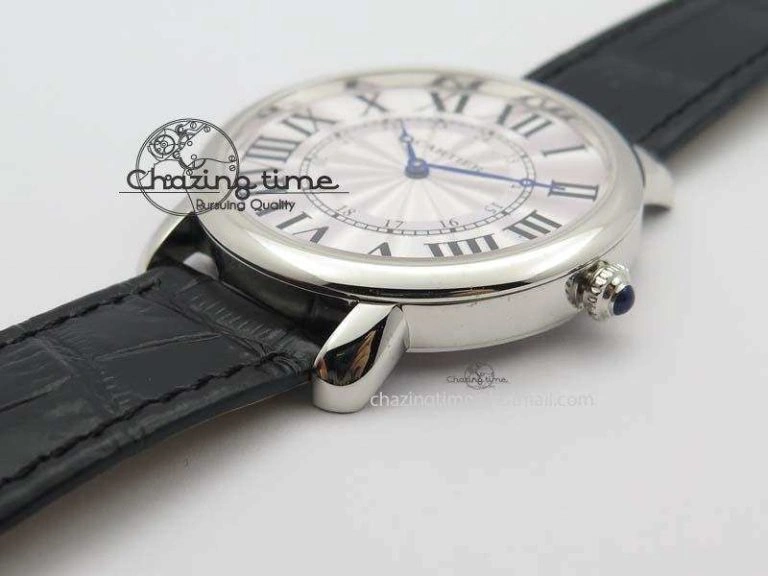 Ronde Louis Cartier SS UT Best Edition White Dial On Black Leather Strap Efficient 6338