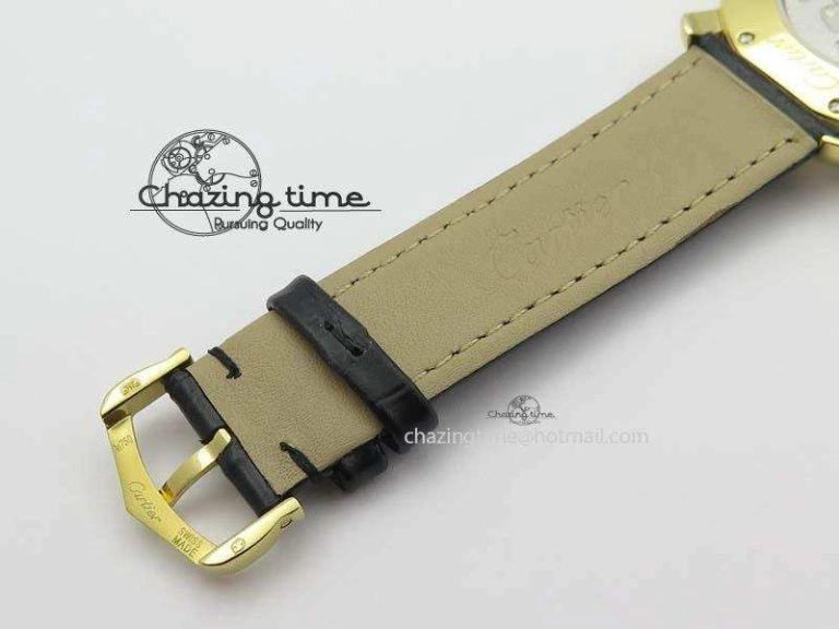 Ronde Louis Cartier YG UT Best Edition White Dial Diamond Bezel On Black Leather Strap Effortless 6333
