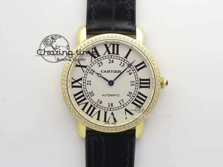 Ronde Louis Cartier YG UT Best Edition White Dial Diamond Bezel On Black Leather Strap Effortless 6333