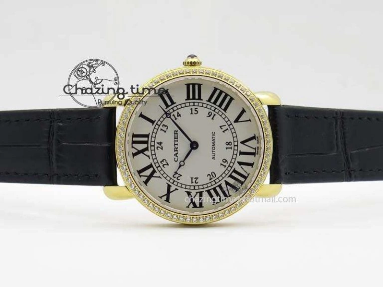 Ronde Louis Cartier YG UT Best Edition White Dial Diamond Bezel On Black Leather Strap Effortless 6333