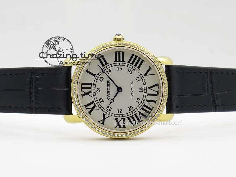 Ronde Louis Cartier YG UT Best Edition White Dial Diamond Bezel On Black Leather Strap Effortless 6333