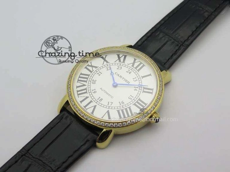 Ronde Louis Cartier YG UT Best Edition White Dial Diamond Bezel On Black Leather Strap Effortless 6333