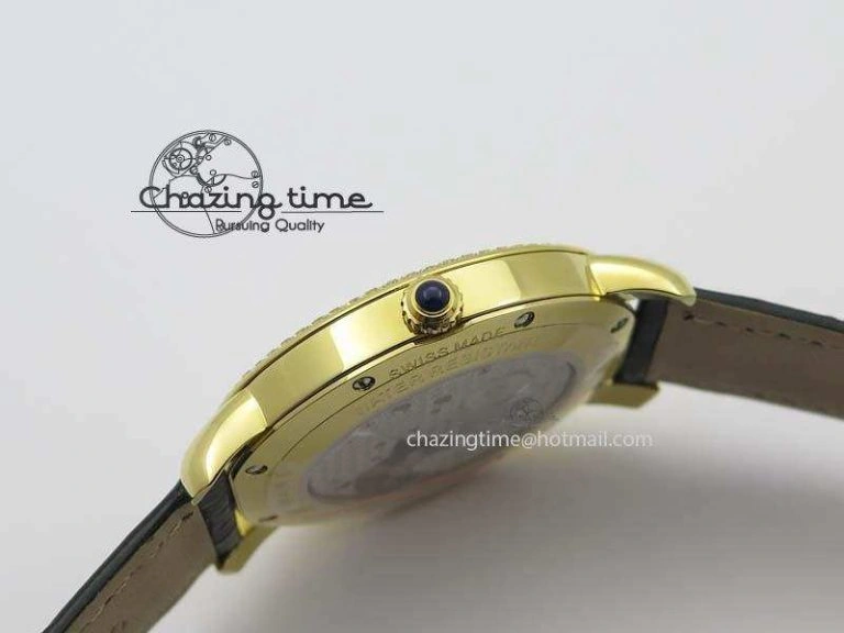 Ronde Louis Cartier YG UT Best Edition White Dial Diamond Bezel On Black Leather Strap Effortless 6333