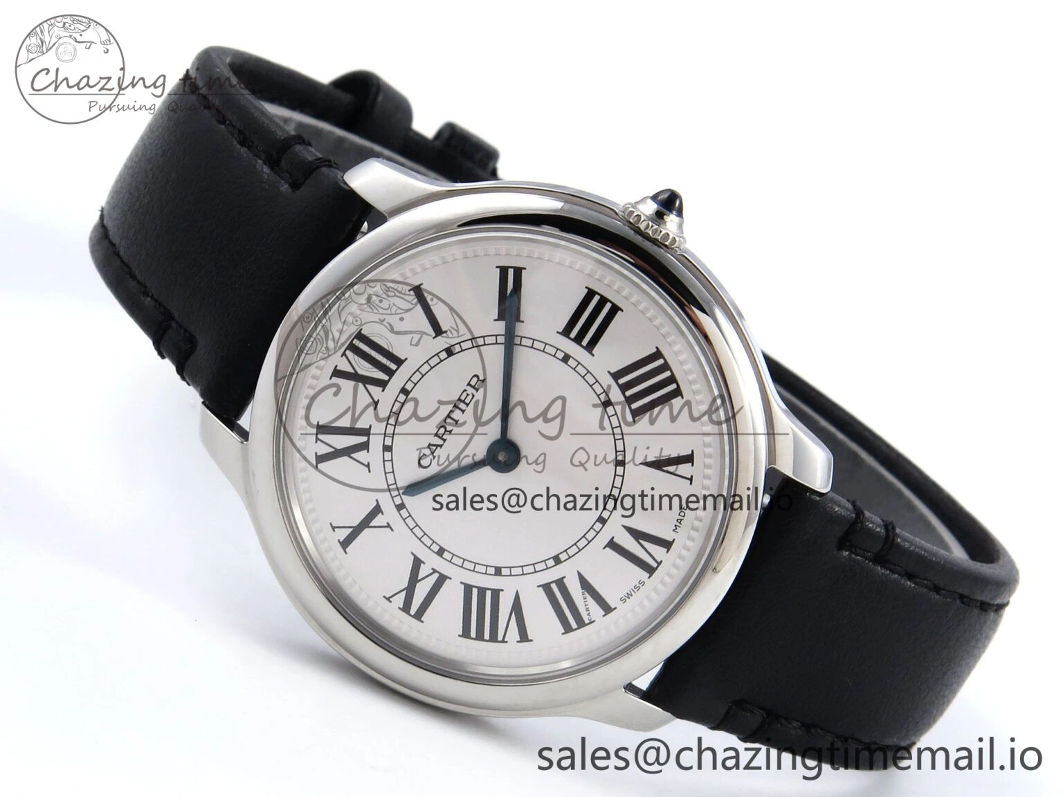 Durable Ronde Must De Cartier 36mm DRF 1:1 Best Edition Sandblasted Silver-Plated White Dial on Black Leather Strap Ronda Quartz 5868