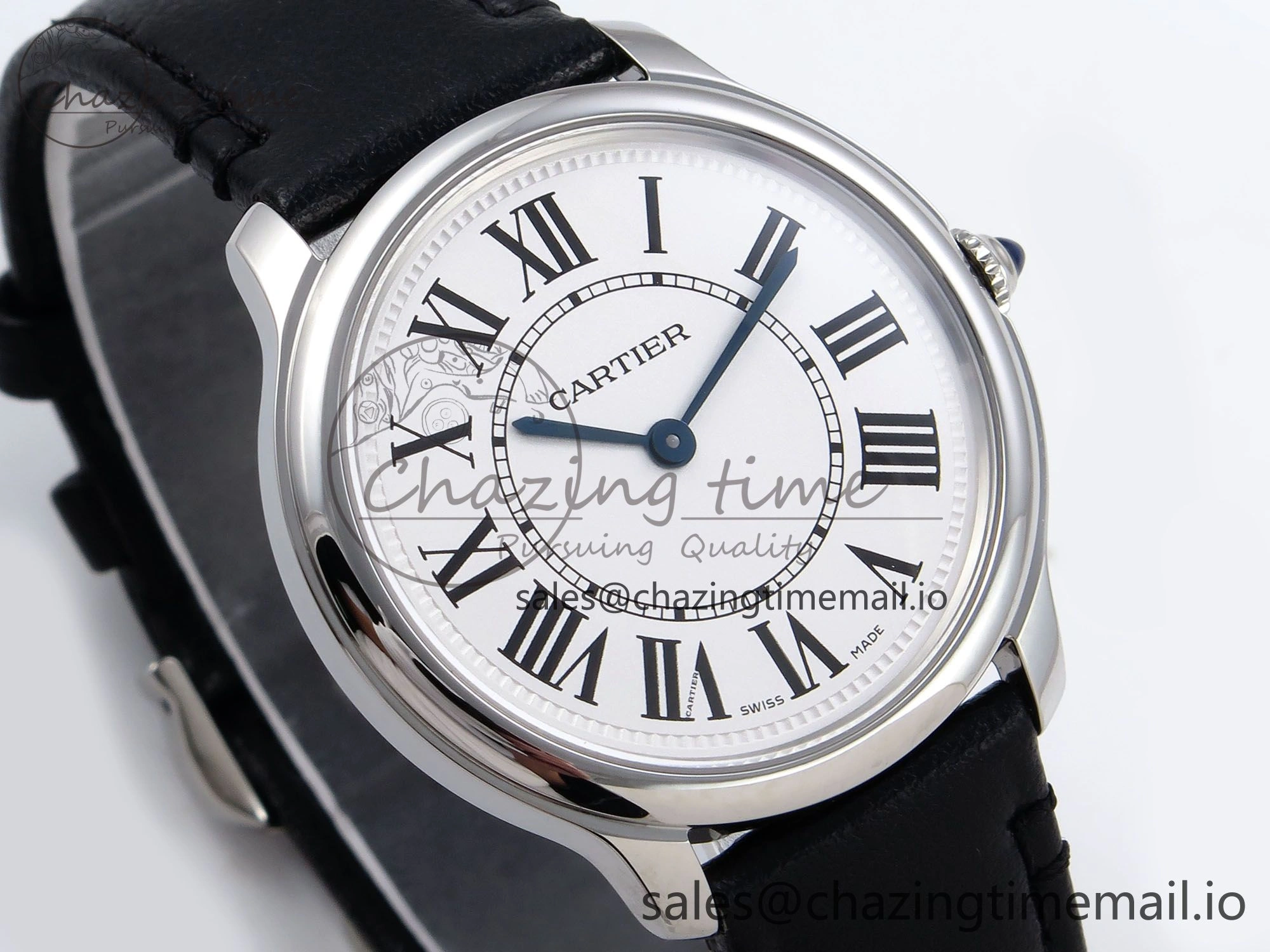 Durable Ronde Must De Cartier 36mm DRF 1:1 Best Edition Sandblasted Silver-Plated White Dial on Black Leather Strap Ronda Quartz 5868