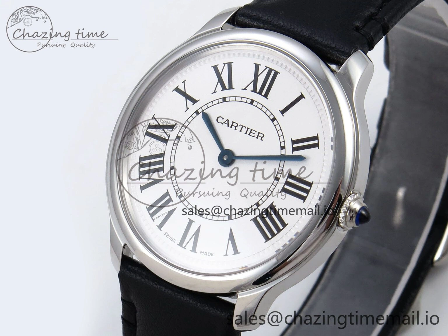 Durable Ronde Must De Cartier 36mm DRF 1:1 Best Edition Sandblasted Silver-Plated White Dial on Black Leather Strap Ronda Quartz 5868