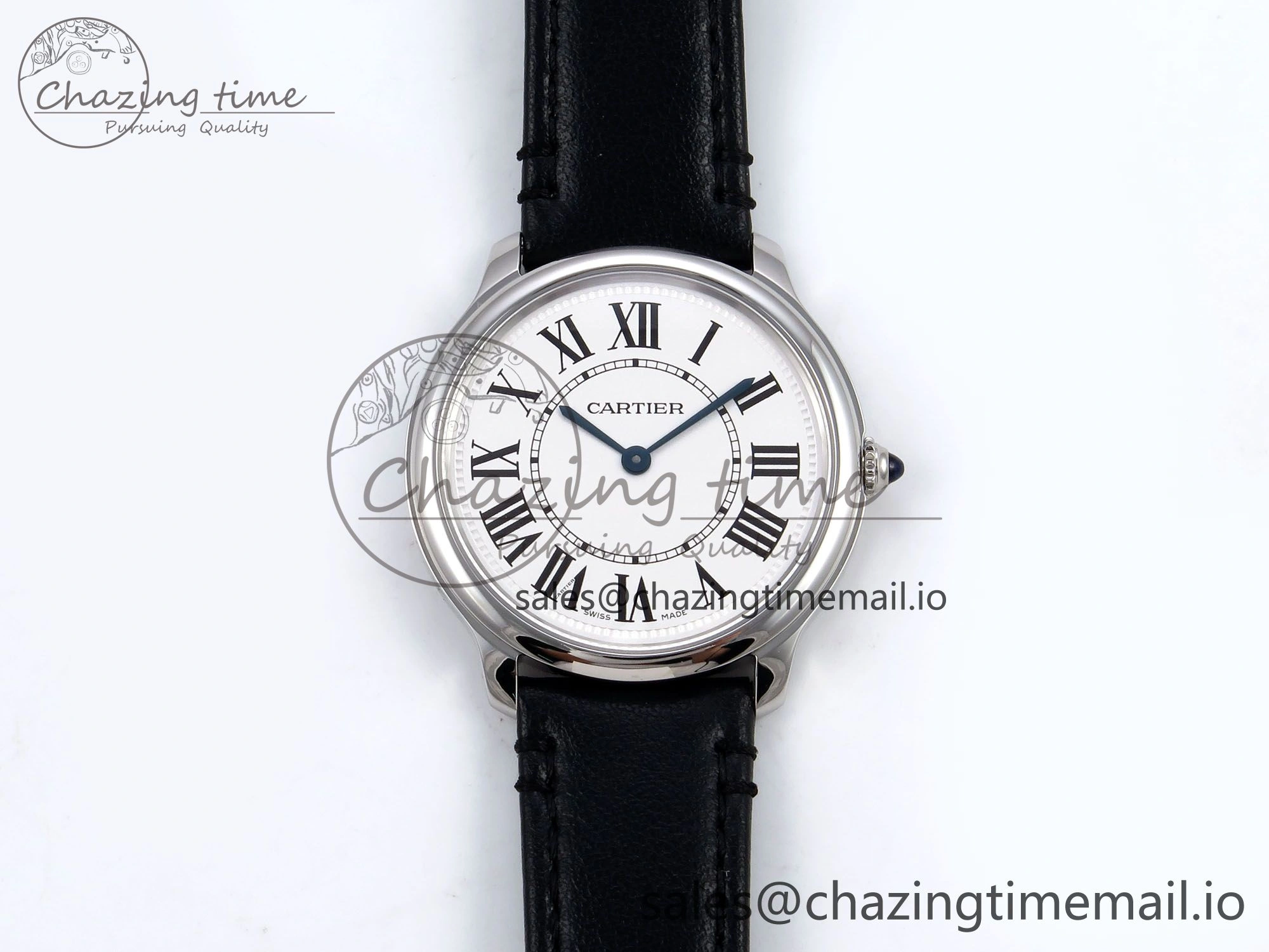 Durable Ronde Must De Cartier 36mm DRF 1:1 Best Edition Sandblasted Silver-Plated White Dial on Black Leather Strap Ronda Quartz 5868