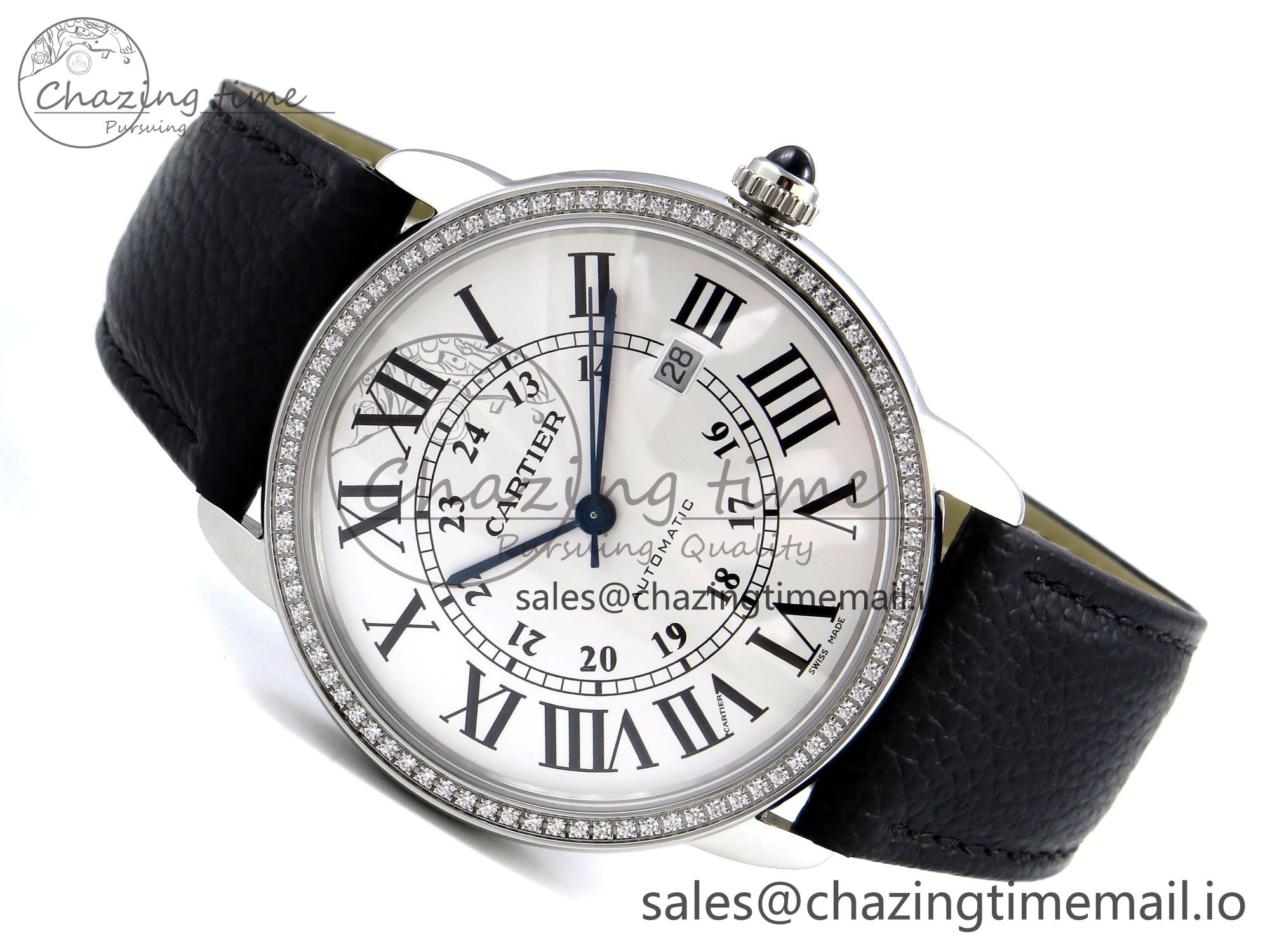 Ronde Solo 42mm SS AF 1:1 Best Edition White Dial Diamonds Bezel on Black Black Strap MIYOTA RelaxedFit 5880