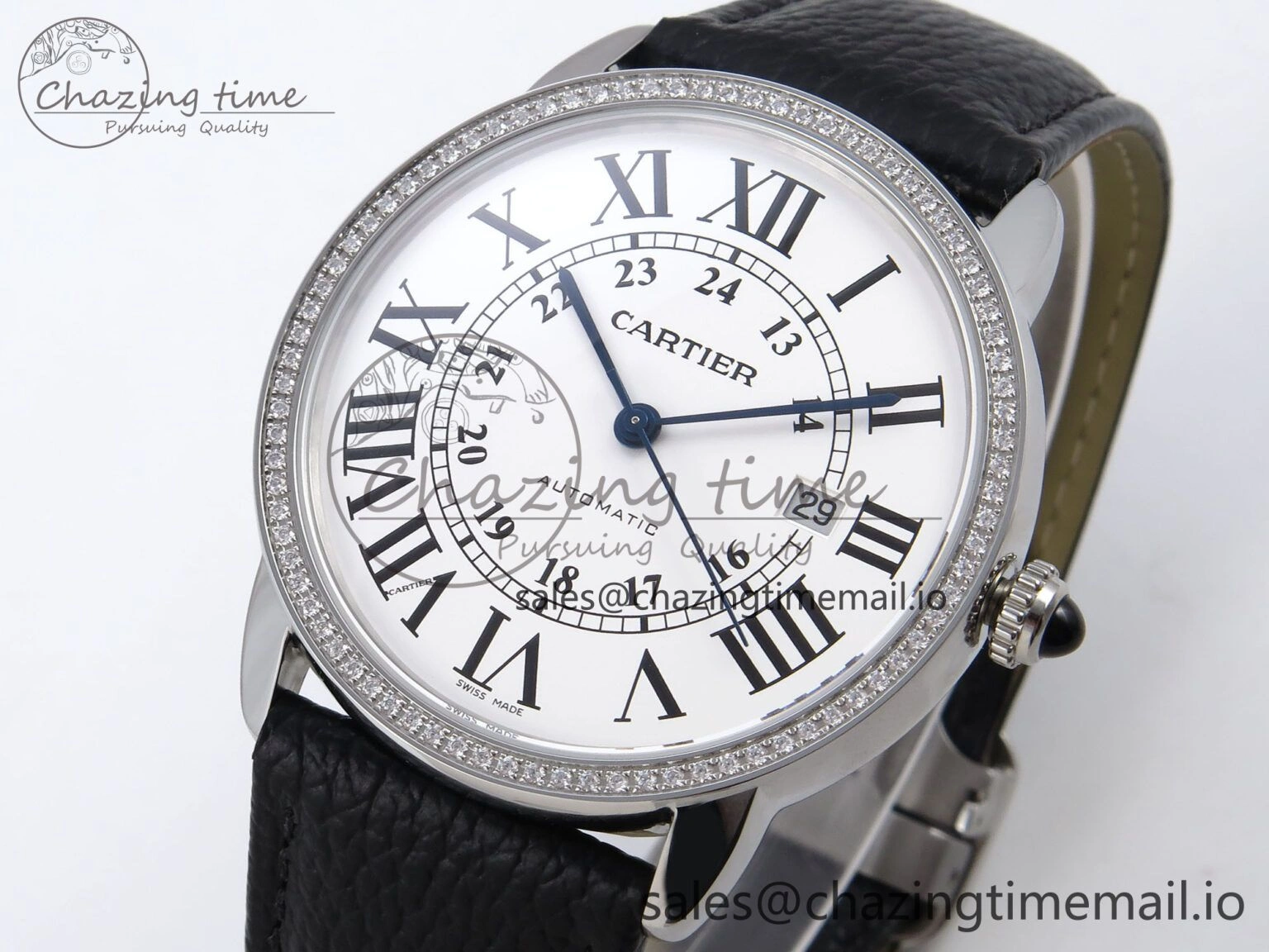 Ronde Solo 42mm SS AF 1:1 Best Edition White Dial Diamonds Bezel on Black Black Strap MIYOTA RelaxedFit 5880