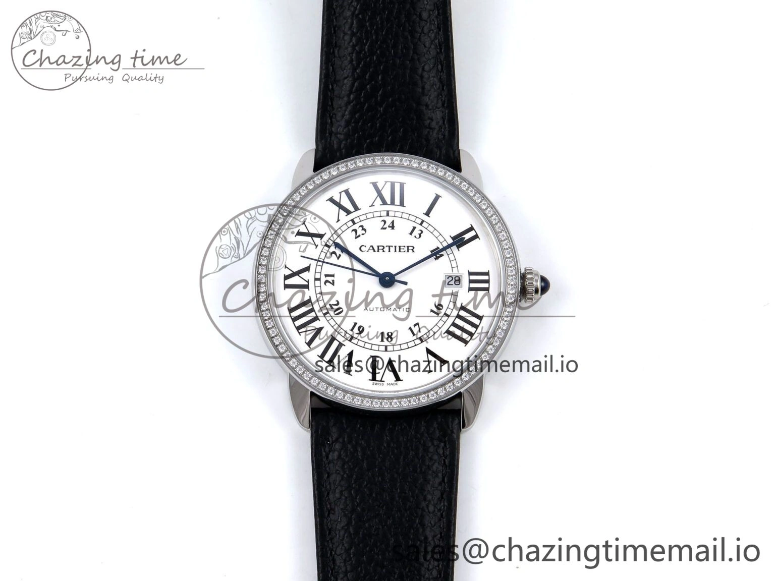 Ronde Solo 42mm SS AF 1:1 Best Edition White Dial Diamonds Bezel on Black Black Strap MIYOTA RelaxedFit 5880