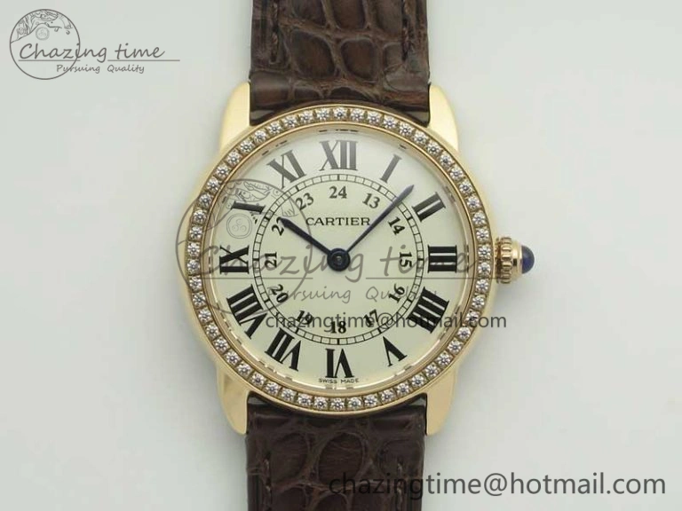 Upgraded Ronde Solo de Cartier 29.5mm RG Dia K11 1:1 Best Edition White Dial on Brown Croco Leather Strap Ronda Quartz 6213