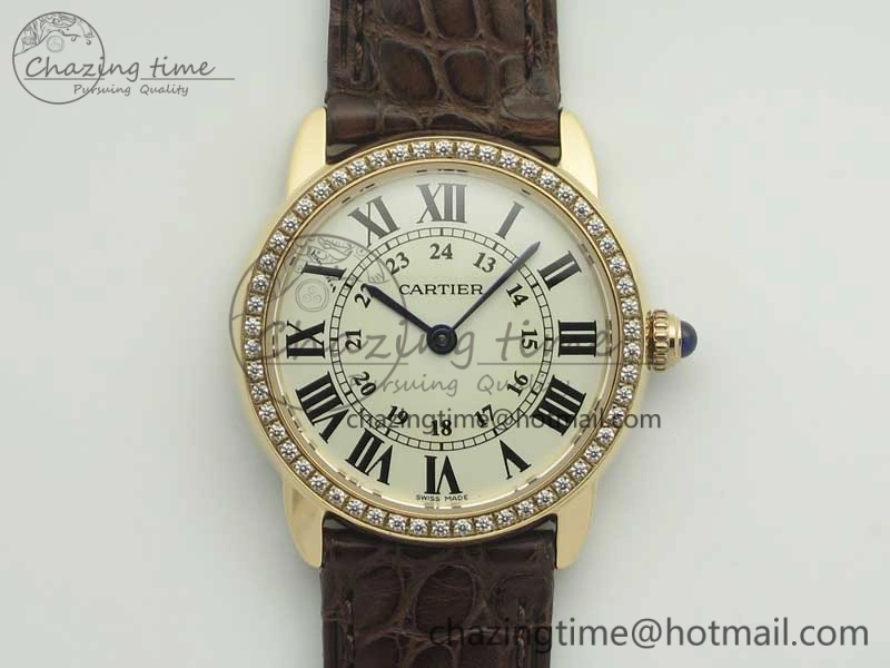 Upgraded Ronde Solo de Cartier 29.5mm RG Dia K11 1:1 Best Edition White Dial on Brown Croco Leather Strap Ronda Quartz 6213