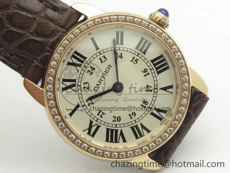 Upgraded Ronde Solo de Cartier 29.5mm RG Dia K11 1:1 Best Edition White Dial on Brown Croco Leather Strap Ronda Quartz 6213