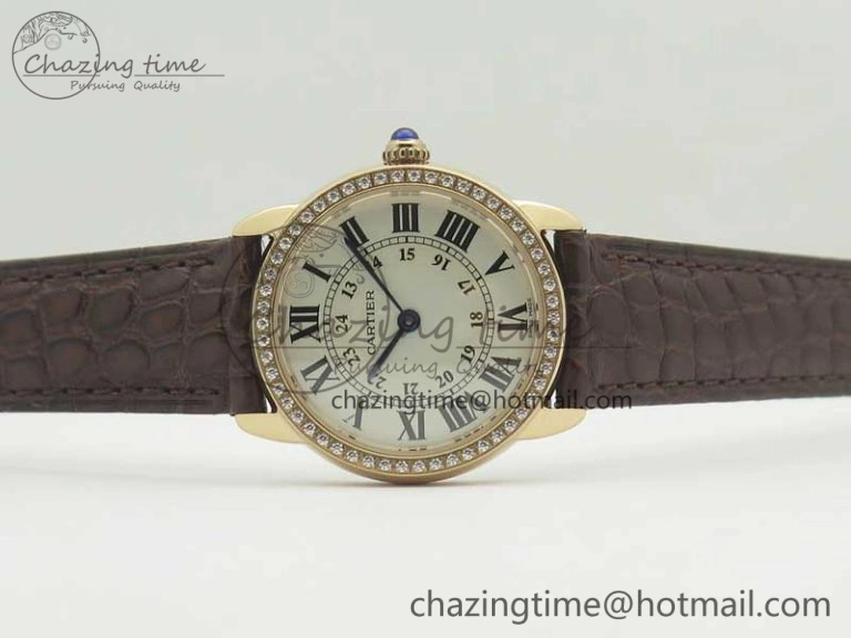Upgraded Ronde Solo de Cartier 29.5mm RG Dia K11 1:1 Best Edition White Dial on Brown Croco Leather Strap Ronda Quartz 6213