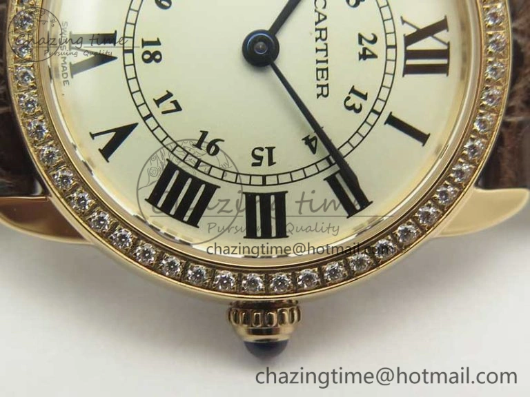 Upgraded Ronde Solo de Cartier 29.5mm RG Dia K11 1:1 Best Edition White Dial on Brown Croco Leather Strap Ronda Quartz 6213