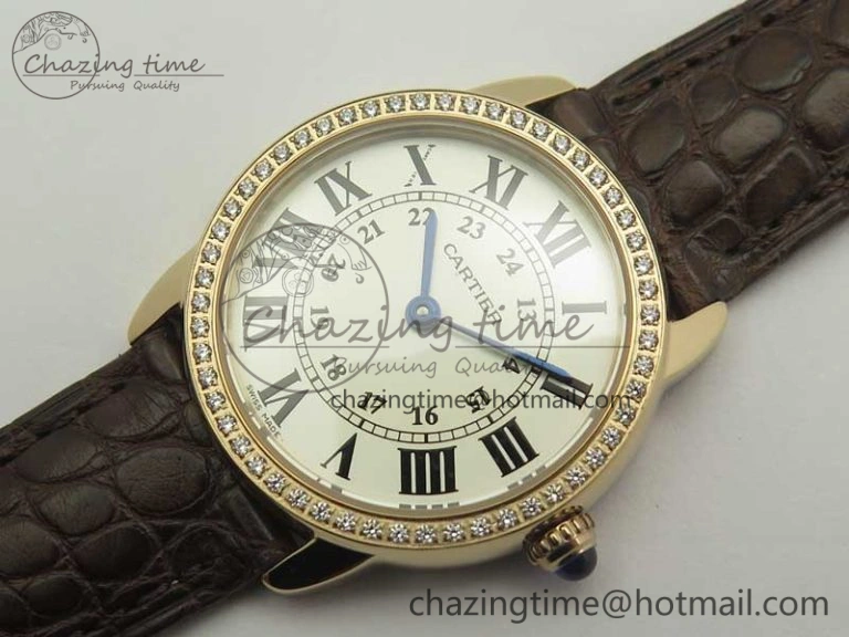 Upgraded Ronde Solo de Cartier 29.5mm RG Dia K11 1:1 Best Edition White Dial on Brown Croco Leather Strap Ronda Quartz 6213