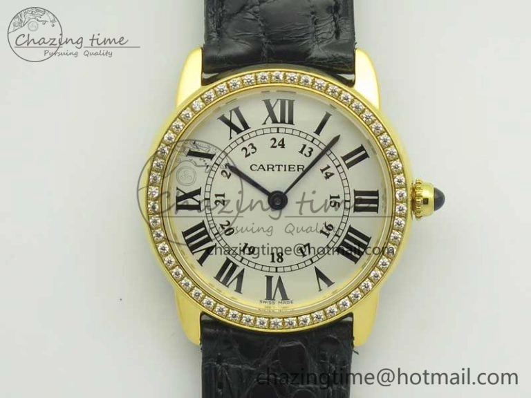 Ronde Solo de Cartier 29.5mm YG Dia K11 1:1 Best Edition White Dial on Black Croco Leather Strap Ronda Quartz Durable 10687