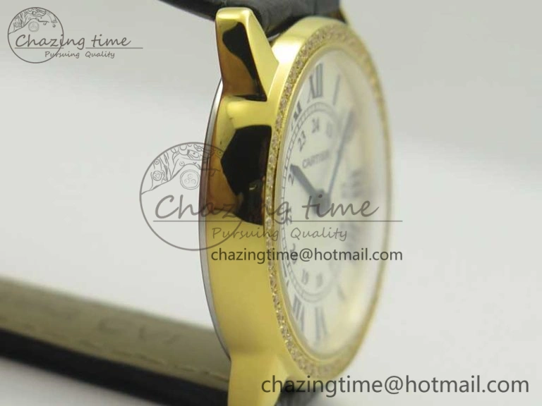 Ronde Solo de Cartier 29.5mm YG Dia K11 1:1 Best Edition White Dial on Black Croco Leather Strap Ronda Quartz EyeCatching 6211