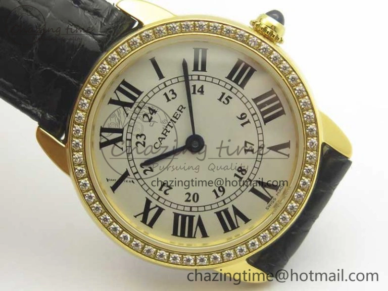 Ronde Solo de Cartier 29.5mm YG Dia K11 1:1 Best Edition White Dial on Black Croco Leather Strap Ronda Quartz EyeCatching 6211