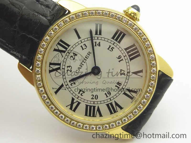 Ronde Solo de Cartier 29.5mm YG Dia K11 1:1 Best Edition White Dial on Black Croco Leather Strap Ronda Quartz EyeCatching 6211