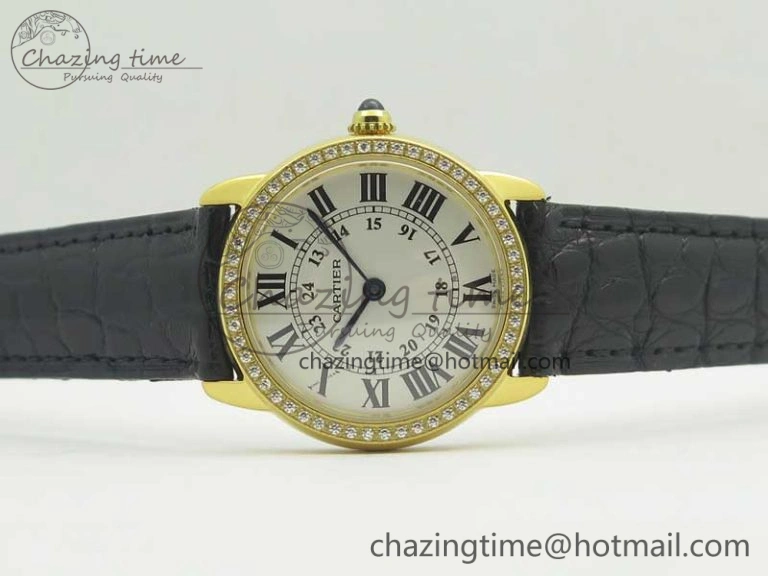 Ronde Solo de Cartier 29.5mm YG Dia K11 1:1 Best Edition White Dial on Black Croco Leather Strap Ronda Quartz EyeCatching 6211