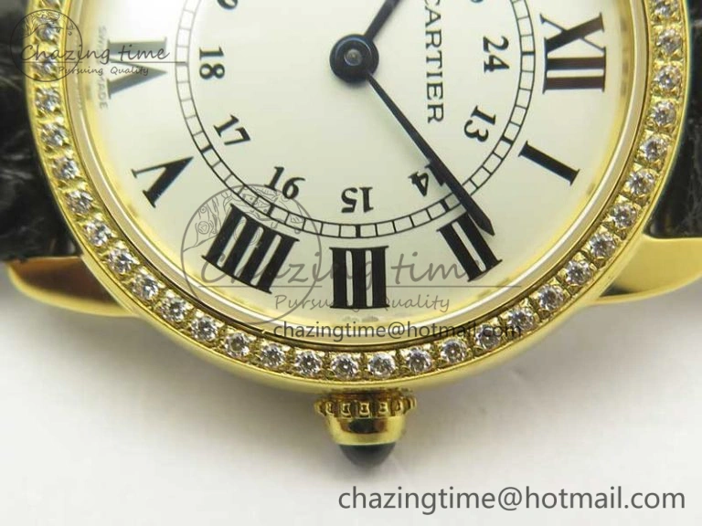 Ronde Solo de Cartier 29.5mm YG Dia K11 1:1 Best Edition White Dial on Black Croco Leather Strap Ronda Quartz EyeCatching 6211