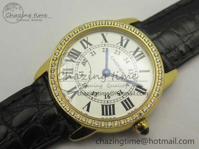 Ronde Solo de Cartier 29.5mm YG Dia K11 1:1 Best Edition White Dial on Black Croco Leather Strap Ronda Quartz EyeCatching 6211