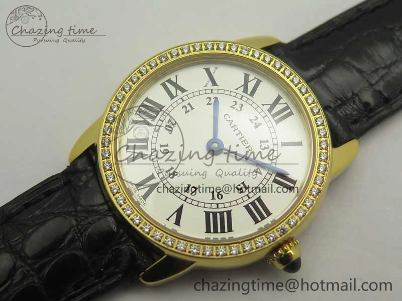 Ronde Solo de Cartier 29.5mm YG Dia K11 1:1 Best Edition White Dial on Black Croco Leather Strap Ronda Quartz EyeCatching 6211