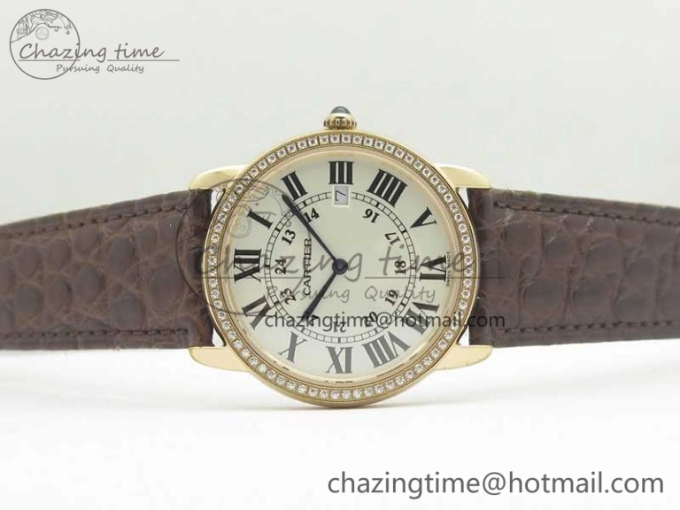 Ronde Solo de Cartier 36mm K11 RG Dia 1:1 Best Edition White Dial on Brown Croco Leather Strap Ronda Quartz Compact 10683