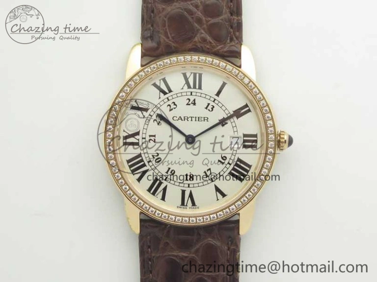 Ronde Solo de Cartier 36mm K11 RG Dia 1:1 Best Edition White Dial on Brown Croco Leather Strap Ronda Quartz Compact 10683