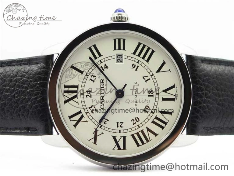 Bright Ronde Solo de Cartier 42mm AF 1:1 Best Edition White Dial on Black Leather Strap MIYOTA 6118