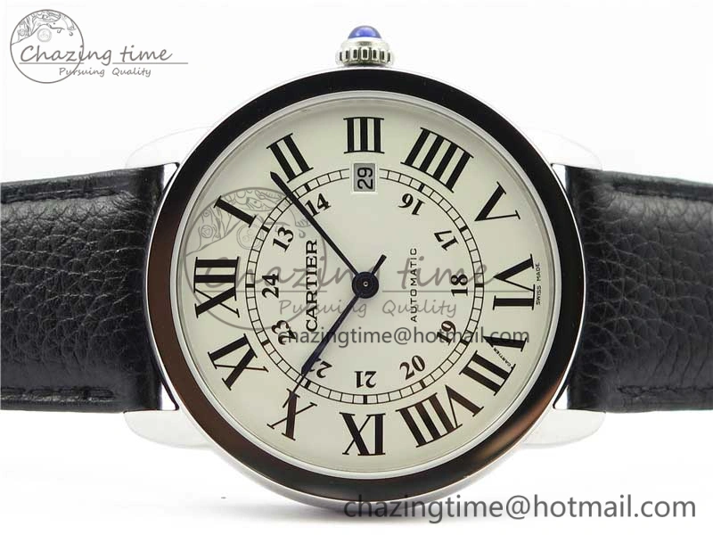 Bright Ronde Solo de Cartier 42mm AF 1:1 Best Edition White Dial on Black Leather Strap MIYOTA 6118