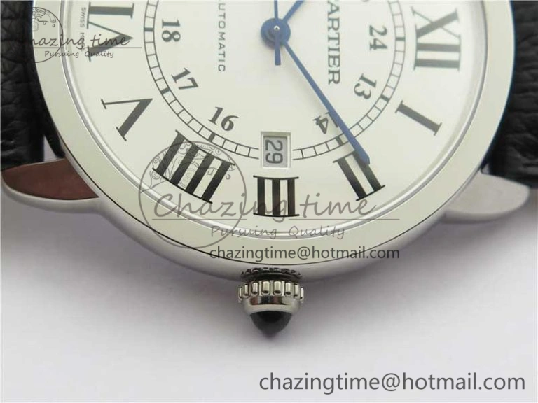 Bright Ronde Solo de Cartier 42mm AF 1:1 Best Edition White Dial on Black Leather Strap MIYOTA 6118