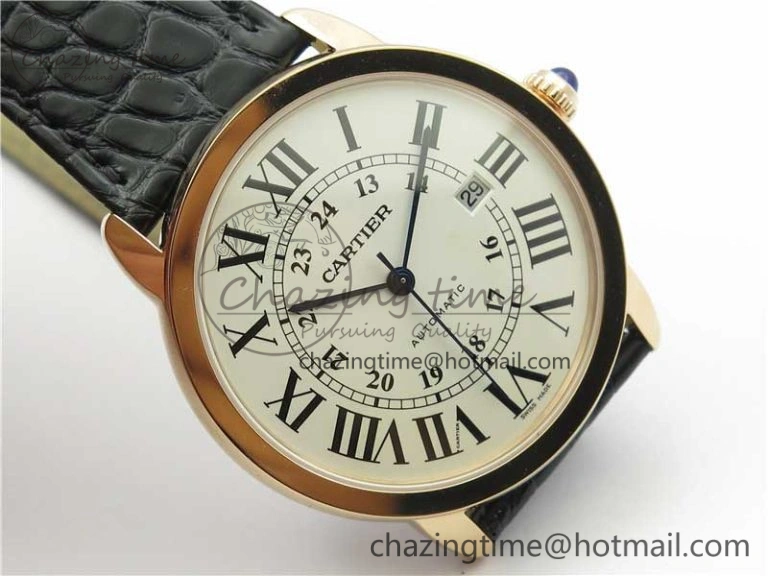 Snug Ronde Solo de Cartier 42mm RG AF 1:1 Best Edition White Dial on Black Croco Leather Strap MIYOTA 6116