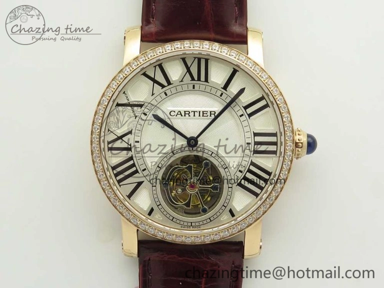 Rotonde Flying Tourbillon RG BLF Best Edition White Dial Diamonds Bezel on Brown Leather Strap V TechFriendly 6167