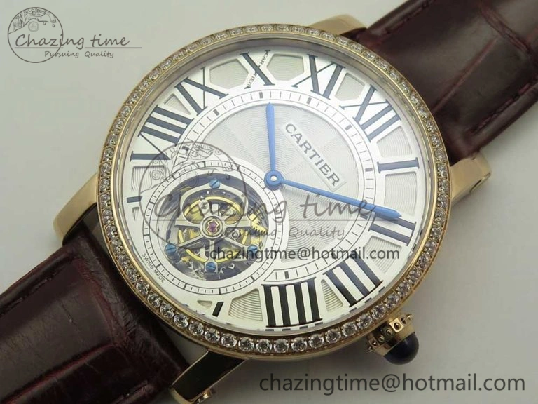 Rotonde Flying Tourbillon RG BLF Best Edition White Dial Diamonds Bezel on Brown Leather Strap V TechFriendly 6167