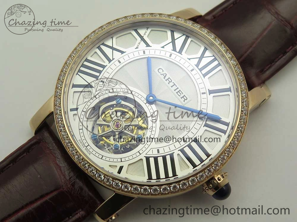 Rotonde Flying Tourbillon RG BLF Best Edition White Dial Diamonds Bezel on Brown Leather Strap V TechFriendly 6167