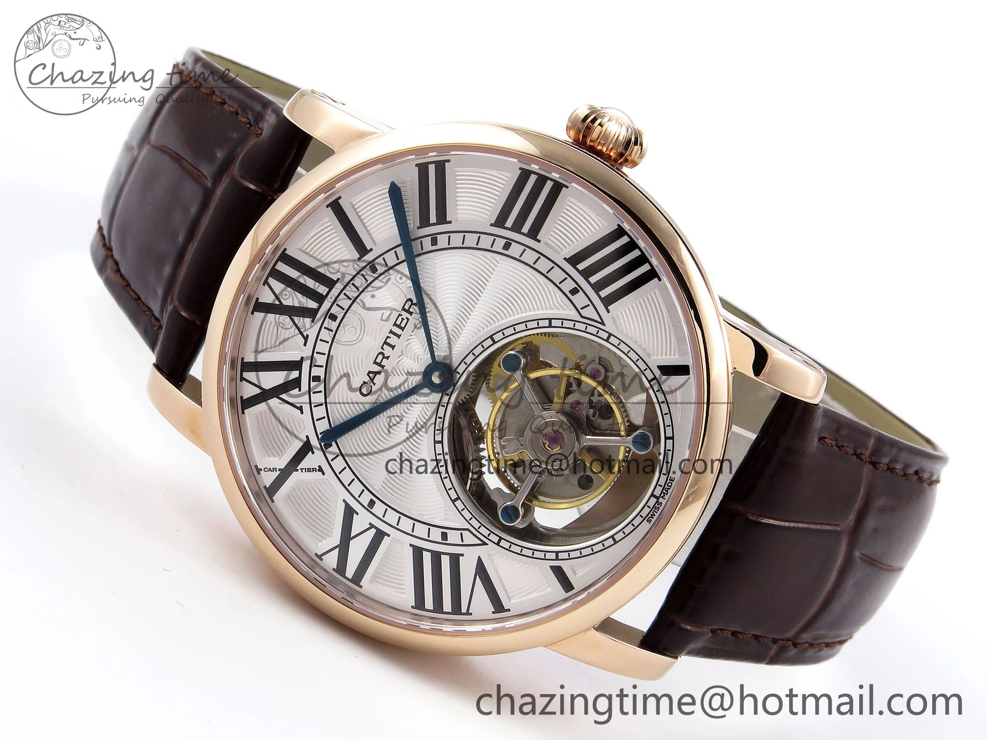 Vibrant Rotonde de Cartier Flying Tourbillon RG RMS Best Edition White Roman Dial on Brown Leather Strap 5985