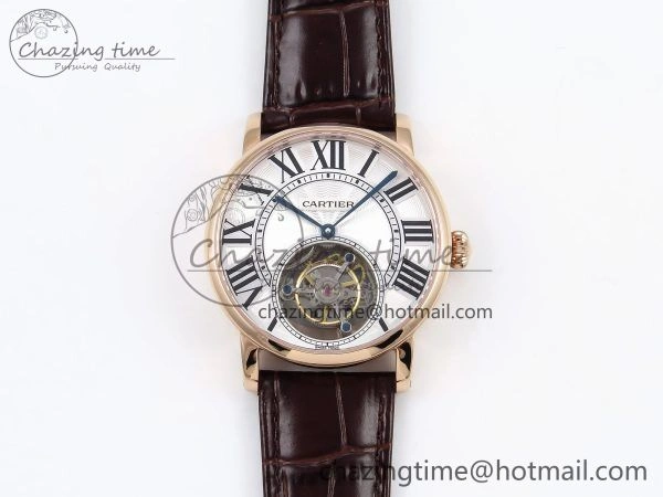 Vibrant Rotonde de Cartier Flying Tourbillon RG RMS Best Edition White Roman Dial on Brown Leather Strap 5985