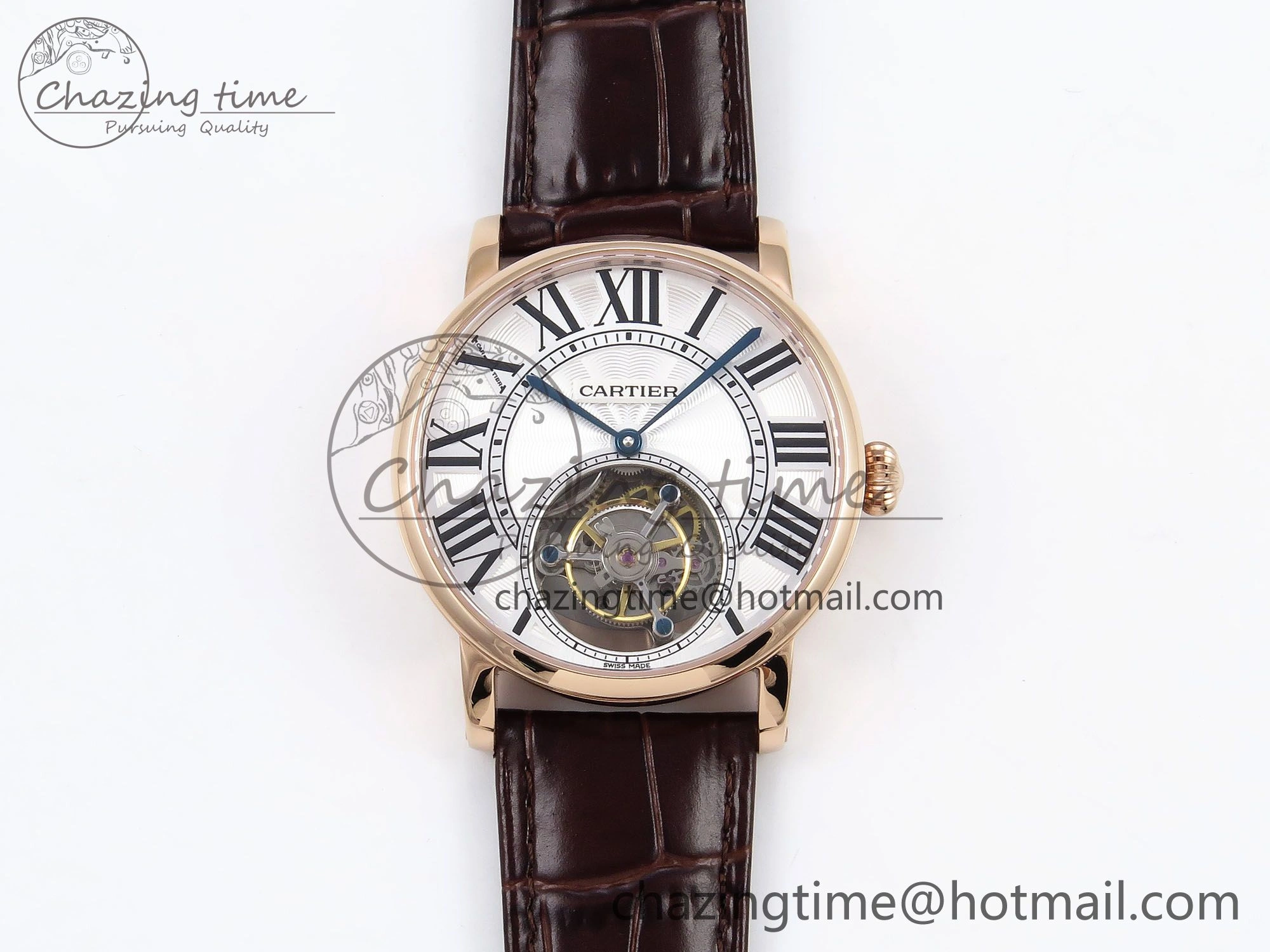 Vibrant Rotonde de Cartier Flying Tourbillon RG RMS Best Edition White Roman Dial on Brown Leather Strap 5985