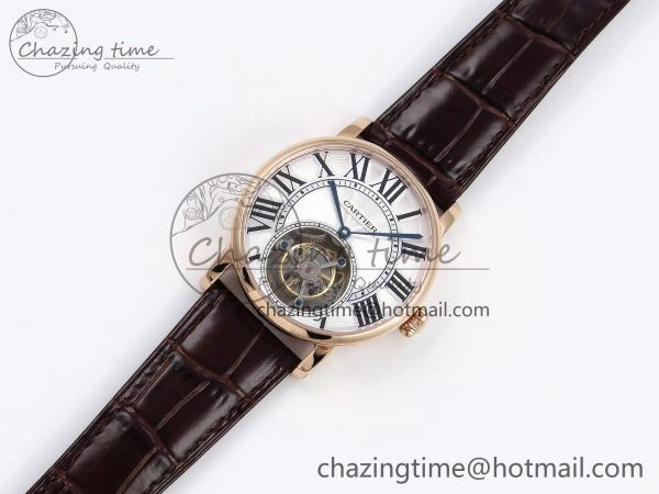 Vibrant Rotonde de Cartier Flying Tourbillon RG RMS Best Edition White Roman Dial on Brown Leather Strap 5985