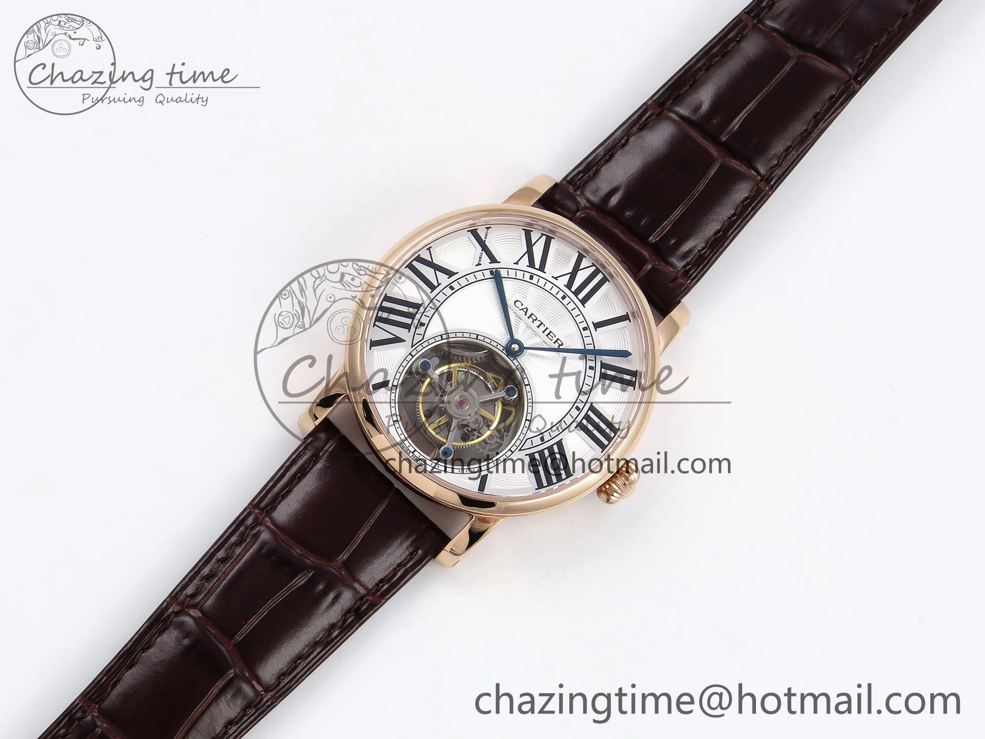 Vibrant Rotonde de Cartier Flying Tourbillon RG RMS Best Edition White Roman Dial on Brown Leather Strap 5985