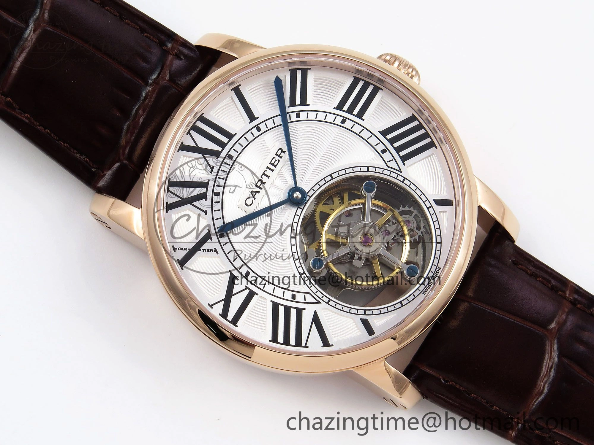 Vibrant Rotonde de Cartier Flying Tourbillon RG RMS Best Edition White Roman Dial on Brown Leather Strap 5985